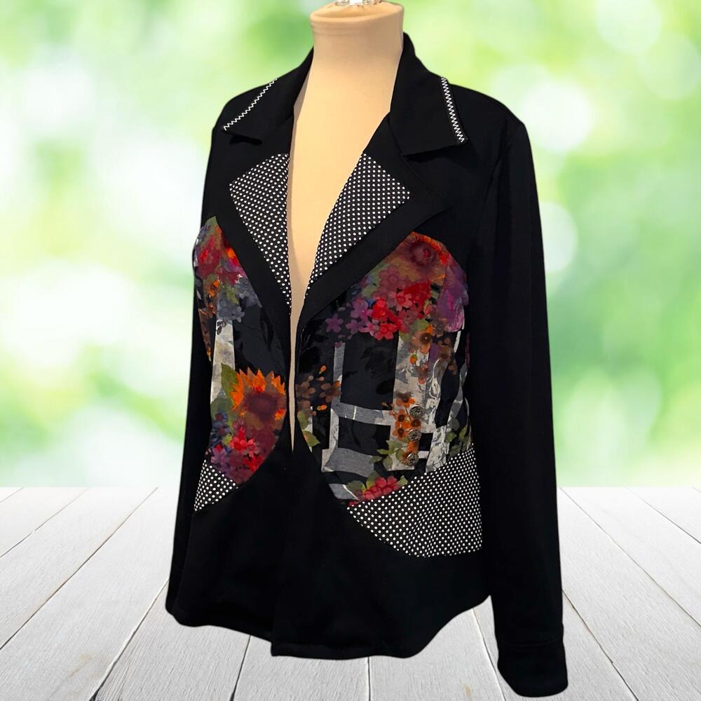 ZOE Mixed Media Jacket Patchwork Floral Polka Dot Open Front Jersey Black Sz XL